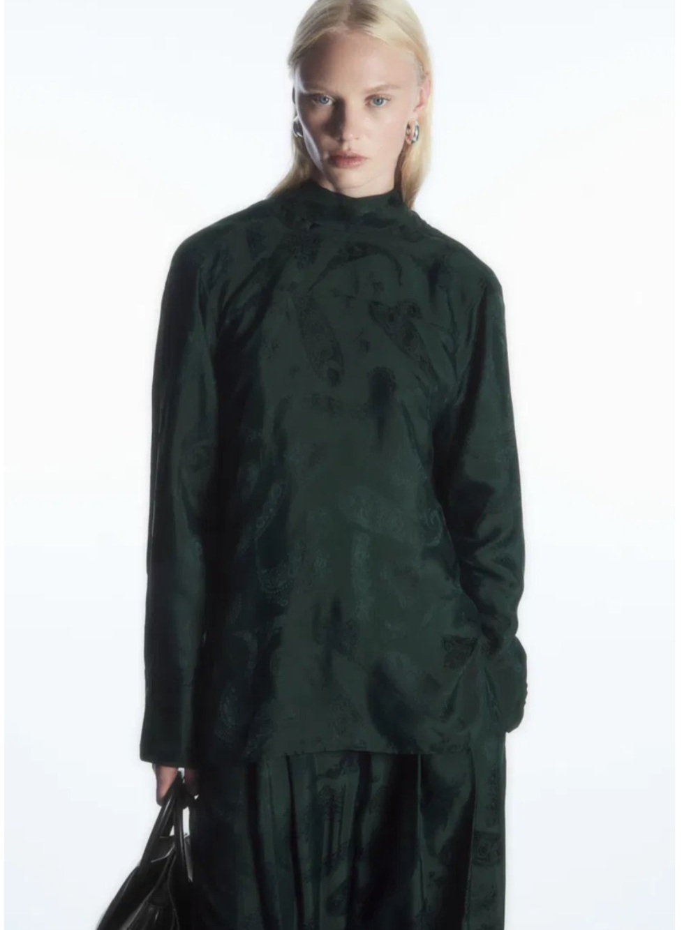 COS Dark Green Paisley Satin-Floral-Jacquard Bow Blouse - Picture 3 of 8